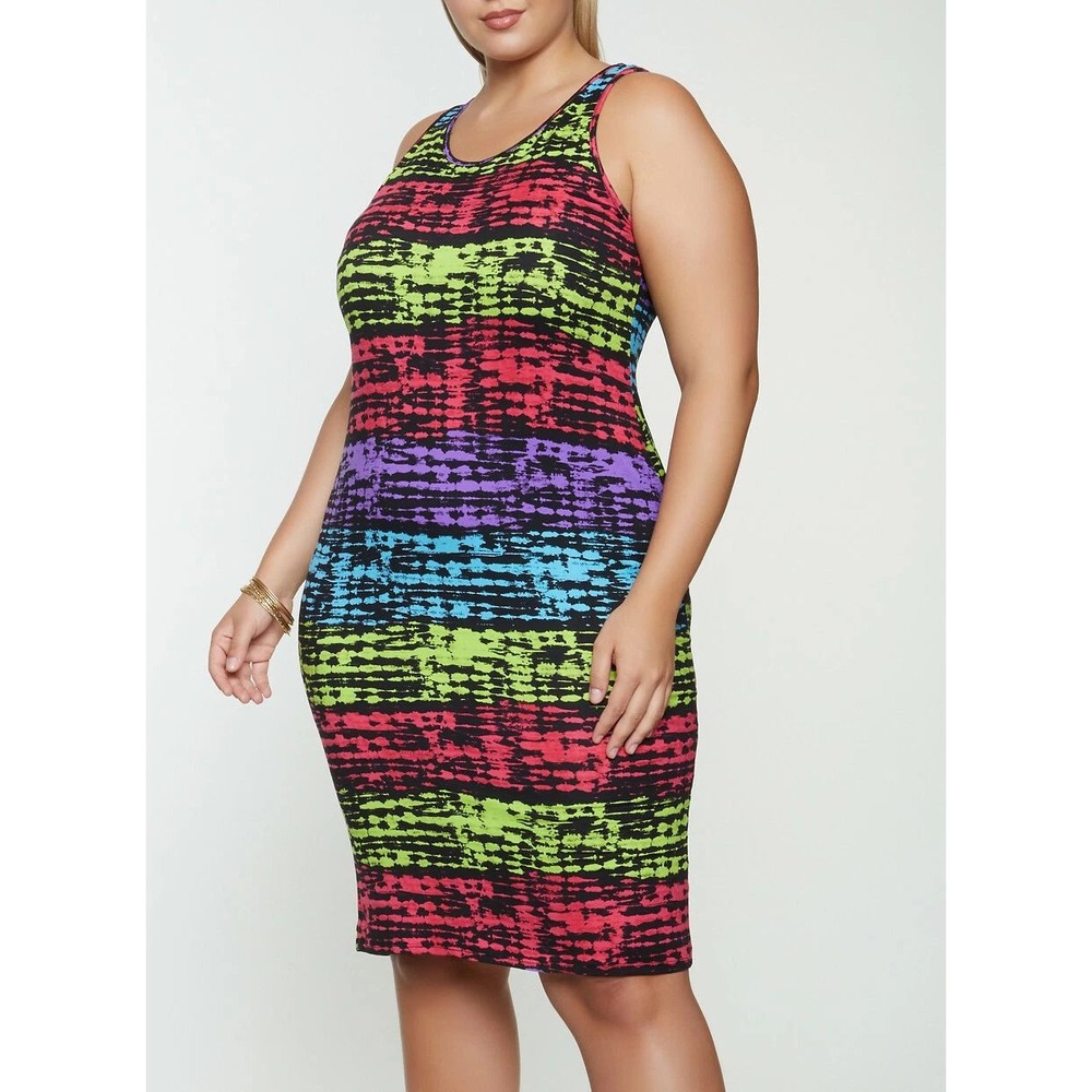 Absolutely It Tie Dye Striped Tank Dress Plus Size 2X Vibrant Rainbow